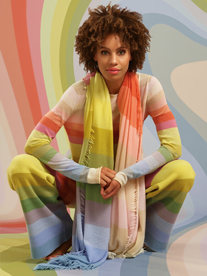 Sweater „Nunu Pastel-Stripes“, Trousers „Culotte Pastel-Stripes“, Shawl „Felted Knit Pastel-Stripes“ 